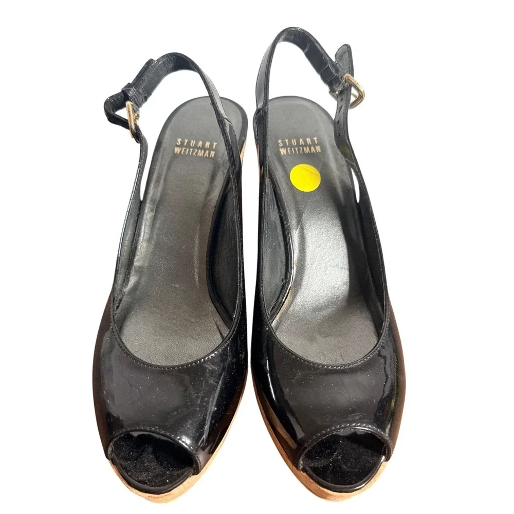 Stuart Weitzman Black Patent Leather Cork Wedge Slingback Peep Toe Sandals 7.5 M - Picture 3 of 6
